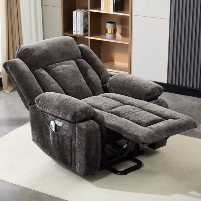Poltrona relax elettrica massaggiante con sollevamento, riscaldamento lombare, USB e tasche laterali in tessuto marrone