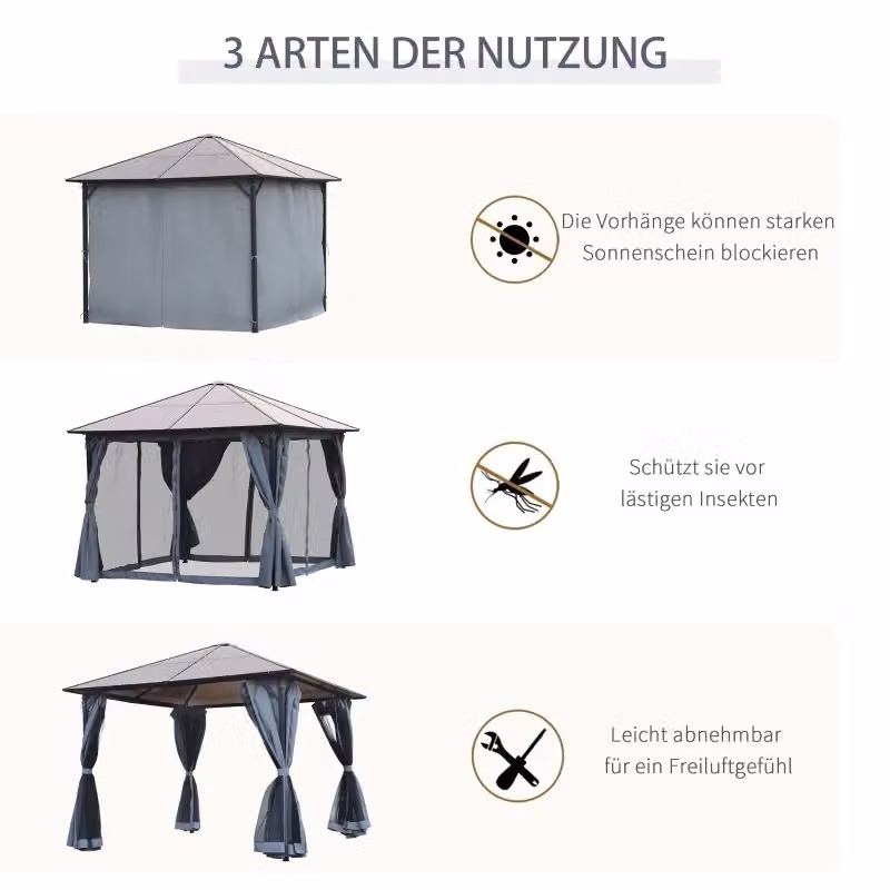 Gazebo da giardino OKWISH con tetto in policarbonato, tende e zanzariere, struttura in metallo grigio, L/P/H: 300 x 300 x 265 cm – 2