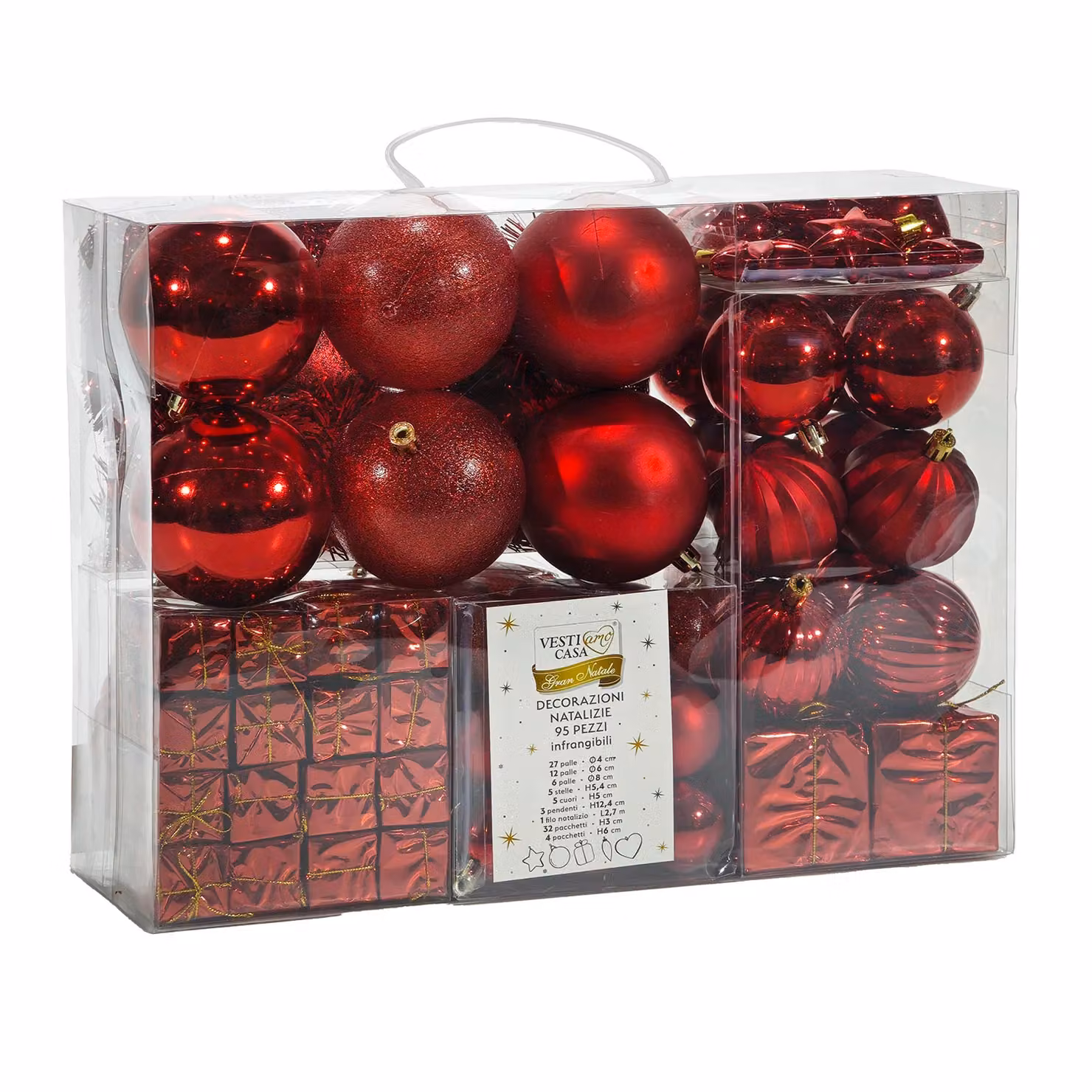 Set di 95 decorazioni natalizie Vestiamo Casa in plastica rossa con palline, stelle e cuori da appendere