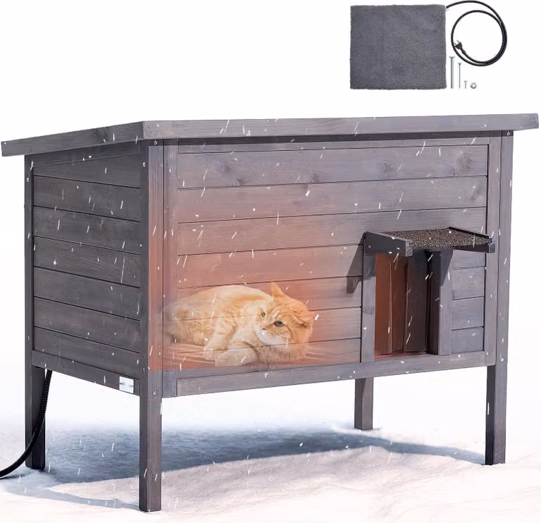 Casetta per gatti da esterno - Rifugio in legno per gatti - Resistente all'inverno e isolato - Cuscinetto riscaldato da 30 W - Porta a battente in PVC - Tetto in asfalto - Dimensioni 87 x 53,5 x 69 cm - Per 1-3 gatti