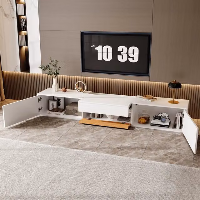 Mobile porta TV moderno OKWISH in legno bianco con ripiano estraibile per proiettore, montaggio a parete o a terra, L: 180 cm, P: 34 cm, H: 30 cm