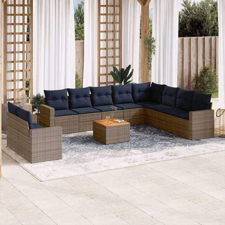 vidaXL Set Divani da Giardino a L 11 pz in Polyrattan Grigio con Cuscini e Tavolino
