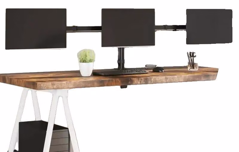 Supporto da scrivania per tre monitor, design ergonomico regolabile, soluzione salvaspazio, colore nero