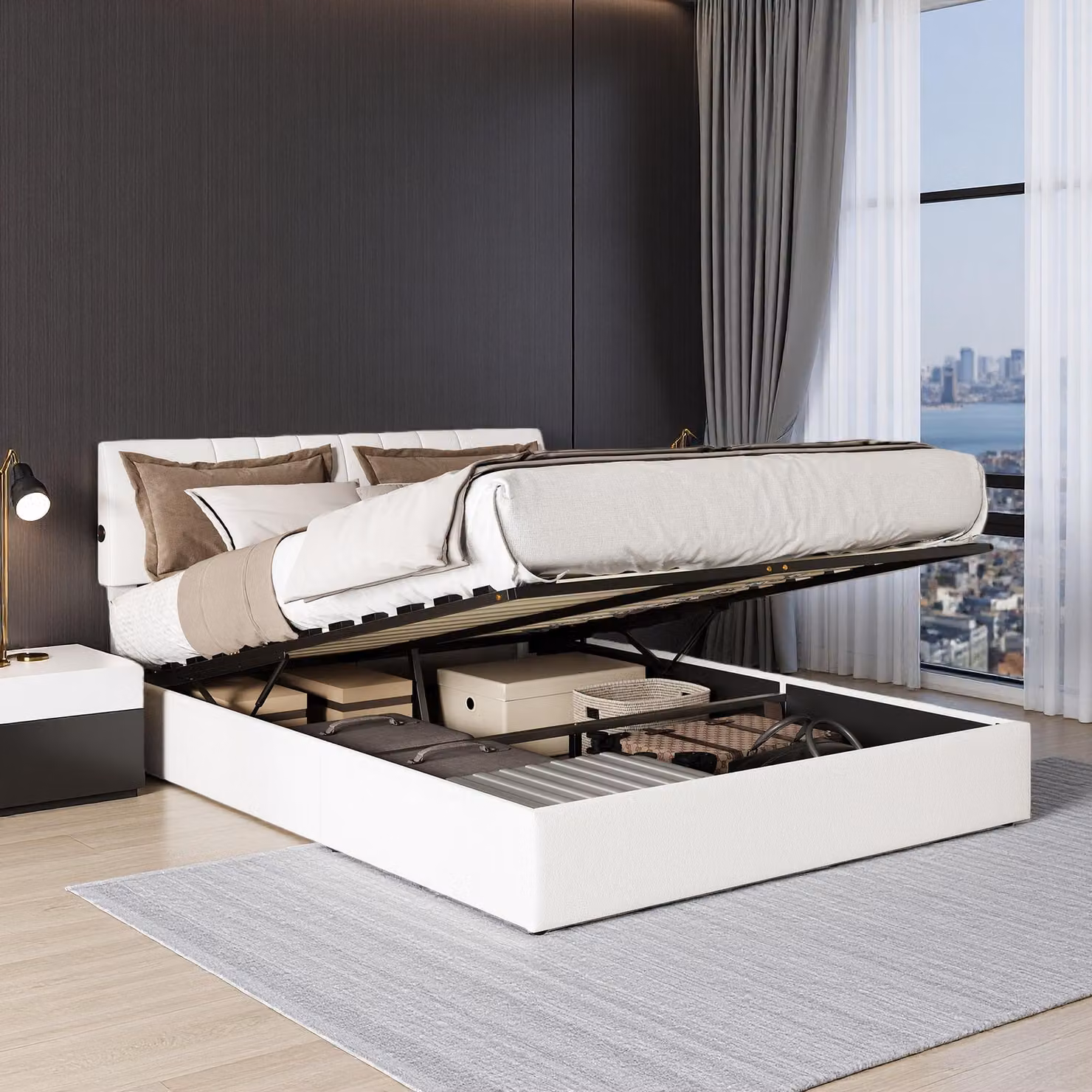 Letto imbottito UnboxG 160x200 cm con sollevamento idraulico, tessuto in pile Teddy bianco crema, stazione di ricarica USB su entrambi i lati