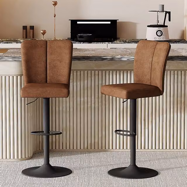Set da 2 sgabelli da bar Zephmum regolabili in altezza e girevoli a 360 gradi, tessuto marrone e gambe nere in metallo opaco – 1
