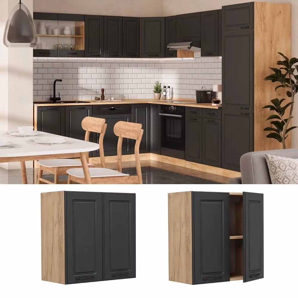 Pensile da cucina Vicco R-Line Antracite e Rovere, modello rustico con ante a battente e ripiani interni, L: 60 cm – 2