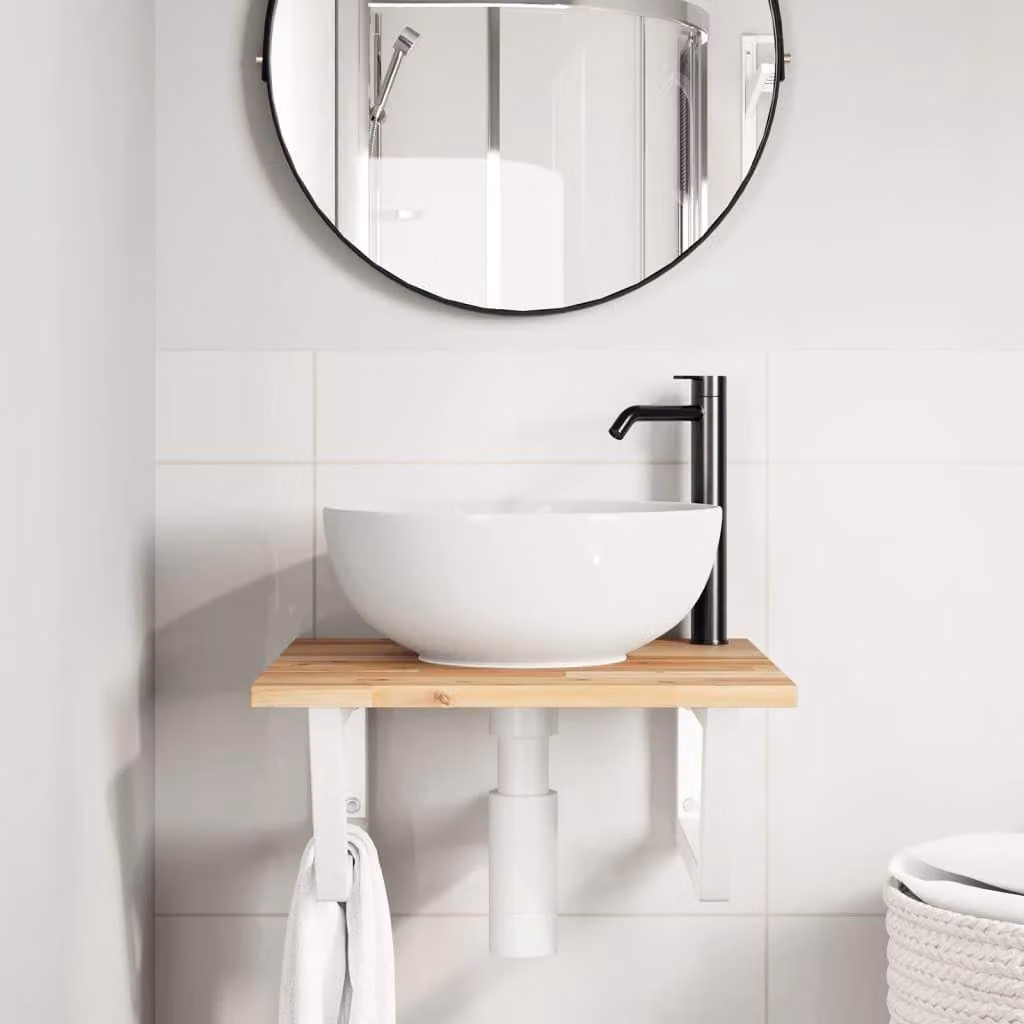 Lavabo da bagno in acciaio con piano in legno di acacia