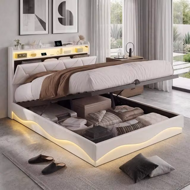 Letto una piazza e mezza 140x200 cm con contenitore LED USB Type-C testiera rete a doghe tessuto - beige
