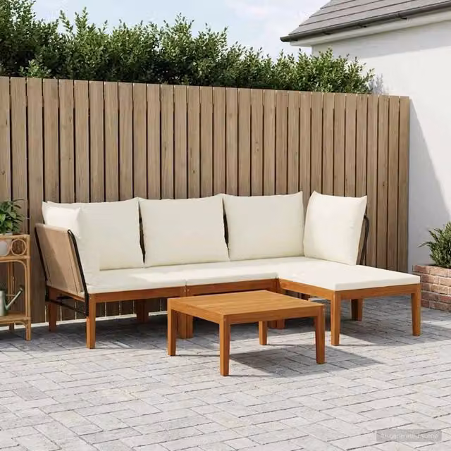 Set da giardino moderno vidaXL in legno di acacia con cuscini beige e bianco composto da divano angolare a 2 posti, pouf, elemento d'angolo e tavolino da caffè – 1
