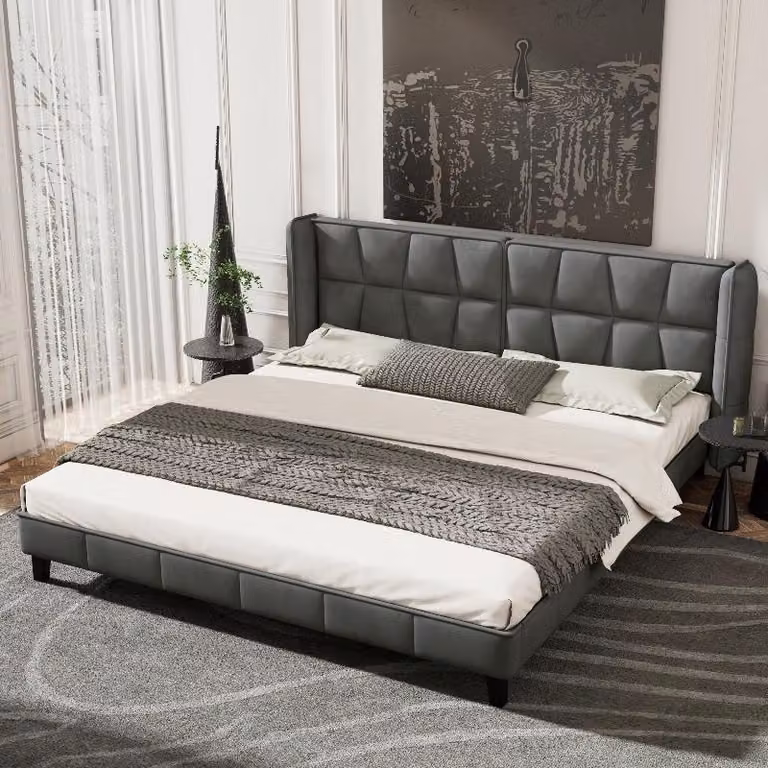 Letto imbottito 180x200 cm, grigio, in velluto, con testiera e rete a doghe, struttura letto per camera da letto