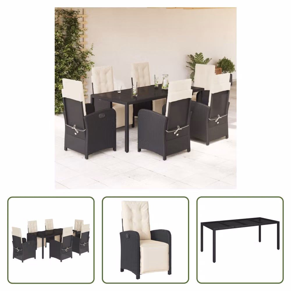 The Living Store Set da pranzo da giardino 7 pezzi con cuscini in polirattan nero