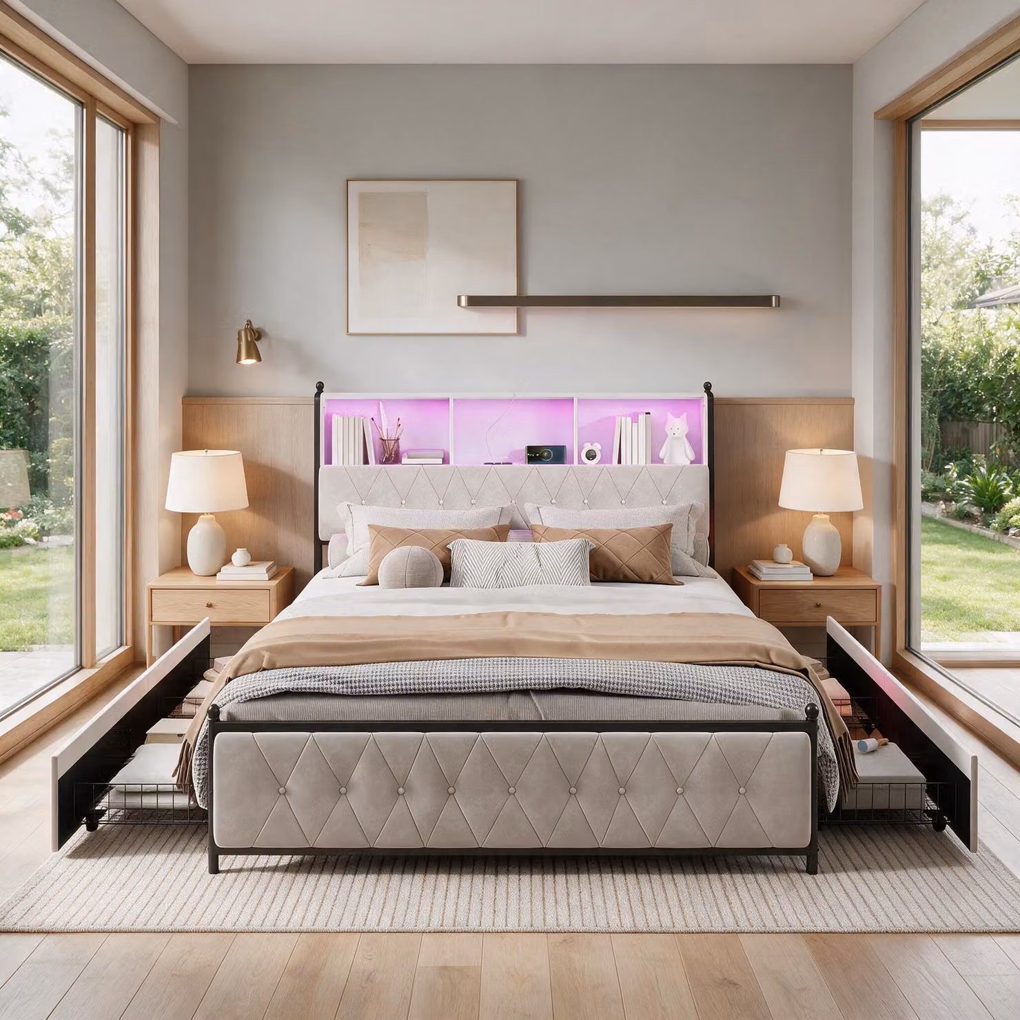 Letto imbottito INONEFT, 140x200 cm, con illuminazione LED, porte USB di tipo C e USB, letto per giovani con 3 contenitori nella testiera, 4 cassetti, rivestito in velluto, colore beige