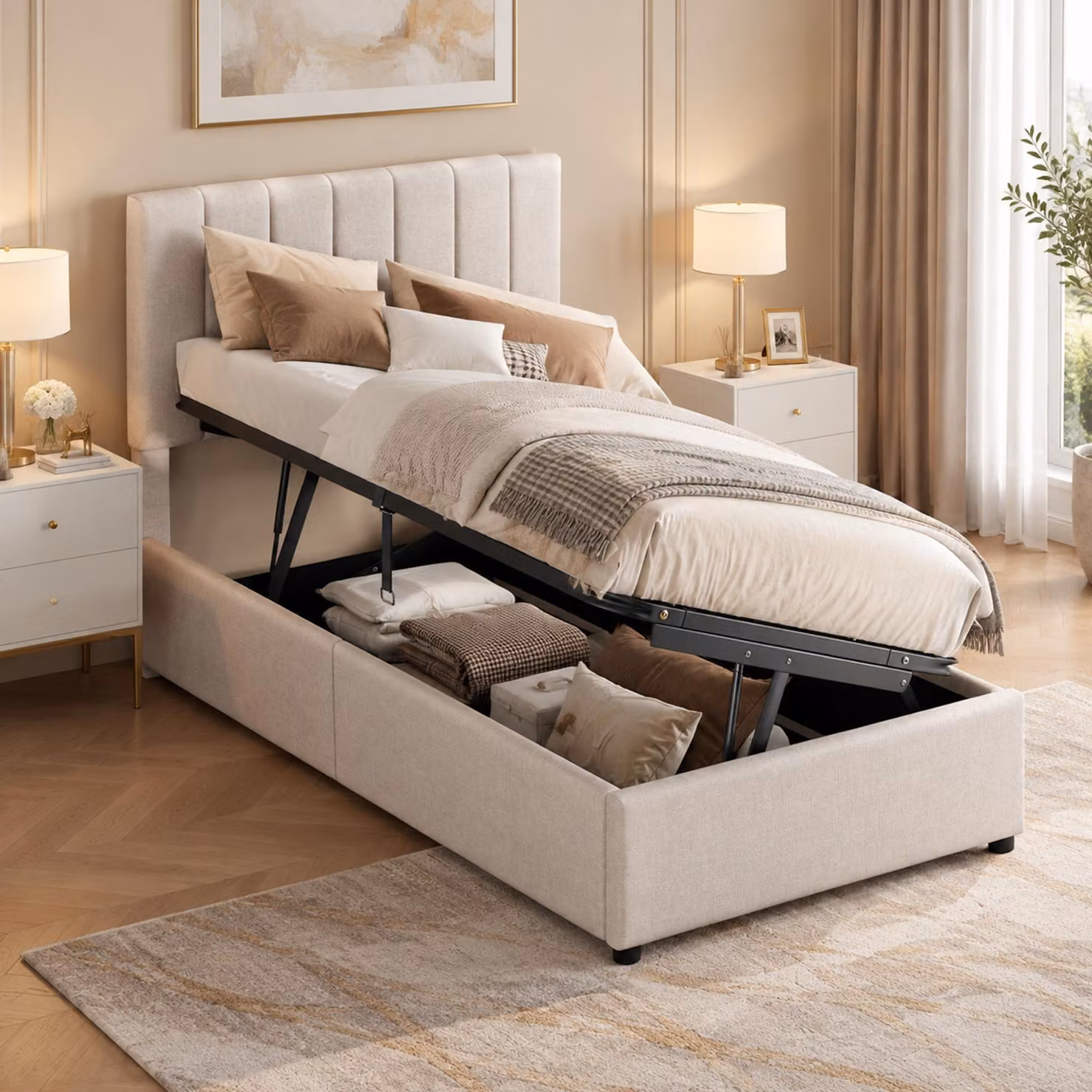 Letto imbottito INONEFT, 90x200 cm, con struttura a molle e spazio contenitore idraulico, letto singolo con rete a doghe e poggiatesta regolabile, letto per bambini, colore: lino, beige