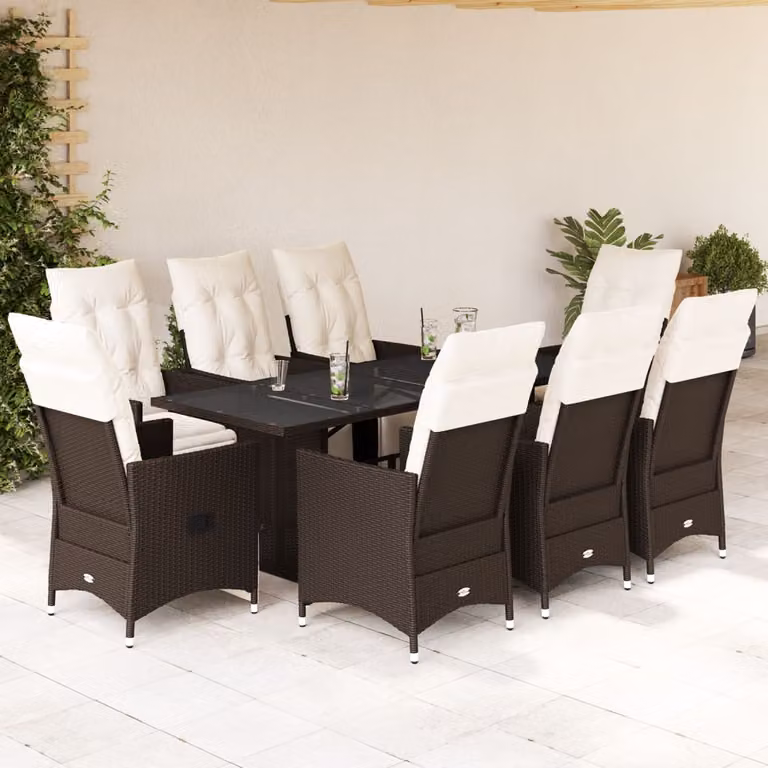 Set Bistrò da Giardino e Balcone vidaXL 9 pz in Polyrattan Marrone con Cuscini Bianchi e Piano in Vetro