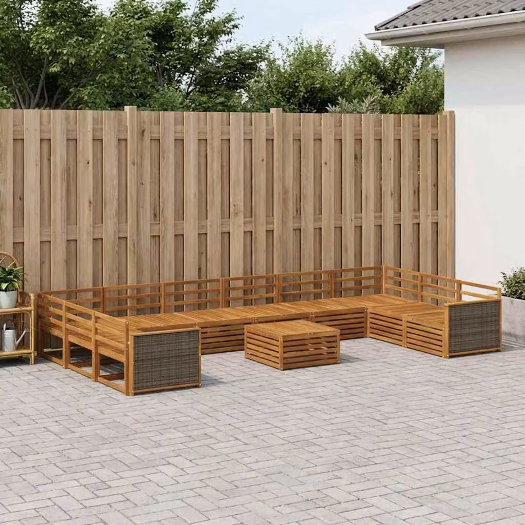 Set di divani da giardino vidaXL a forma di U composto da 11 pezzi in legno di acacia massello marrone con cuscini inclusi