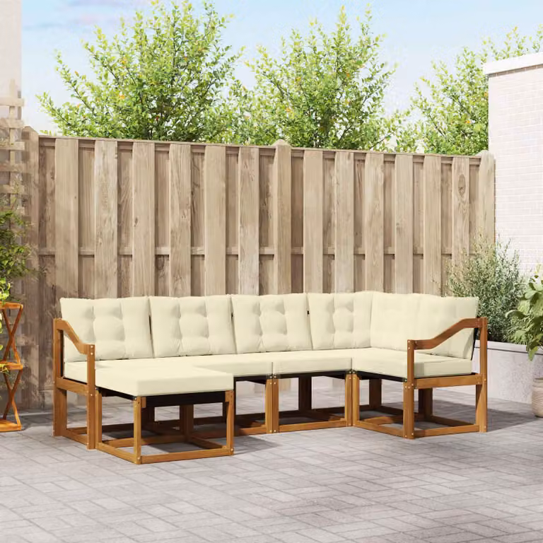 Set di divani da esterno vidaXL a forma di L composto da 6 pezzi in legno di acacia con cuscini beige e bianco