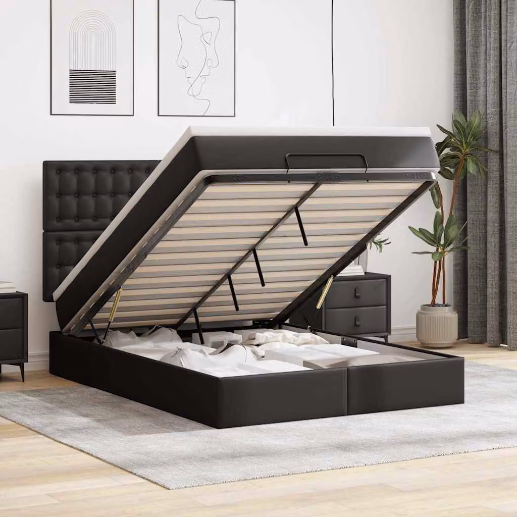 Letto con contenitore a sollevamento e materasso vidaXL in similpelle nero, L/P/H: 203 x 144 x 128 cm