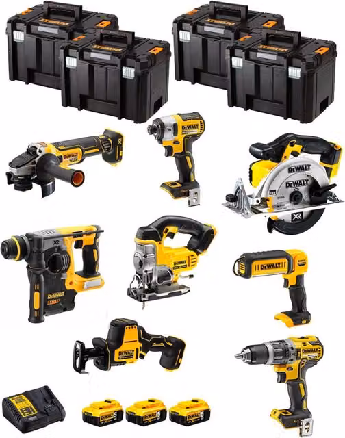 Kit utensili DeWALT DWK804T con avvitatore, trapano, martello perforatore e accessori gialli