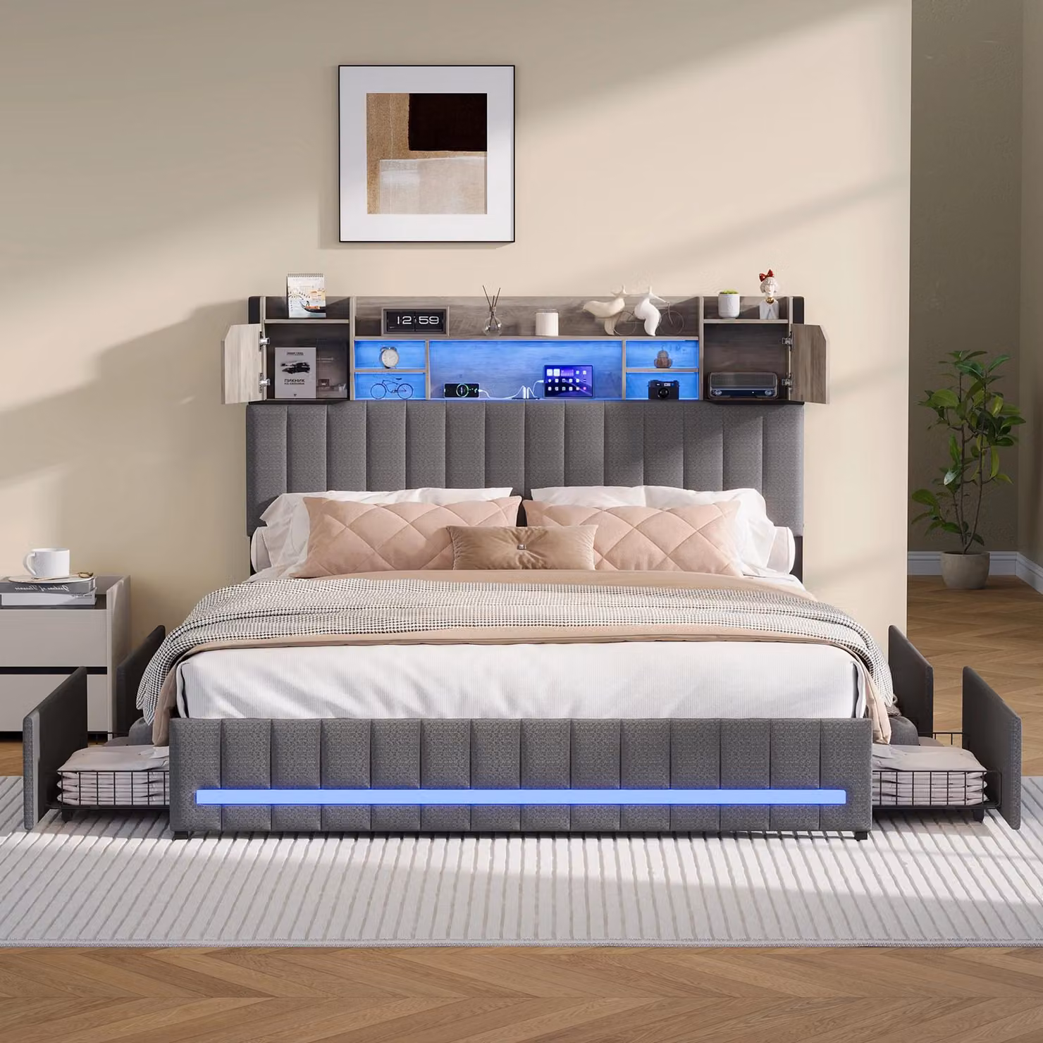 Letto matrimoniale con contenitore - 140 x 200 cm - 4 cassetti - Testiera con scomparti multipli - Rivestimento in velluto - Grigio