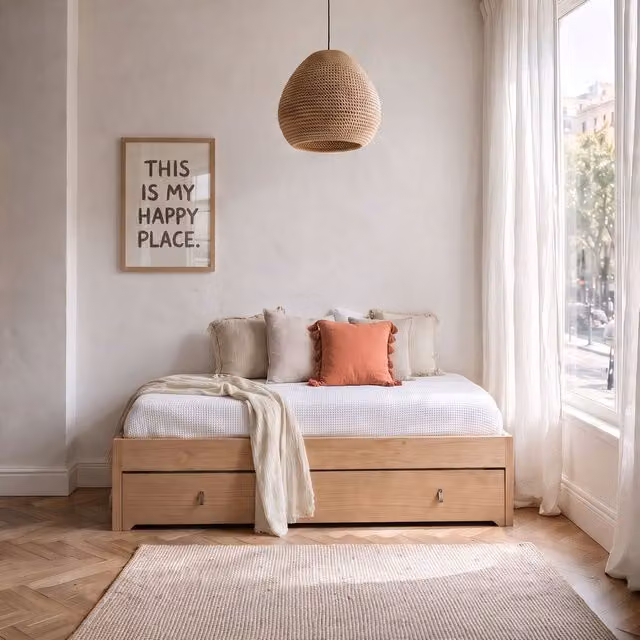 Letto per bambini Banak in legno beige con cassetti, ideale per materasso 90x190 cm