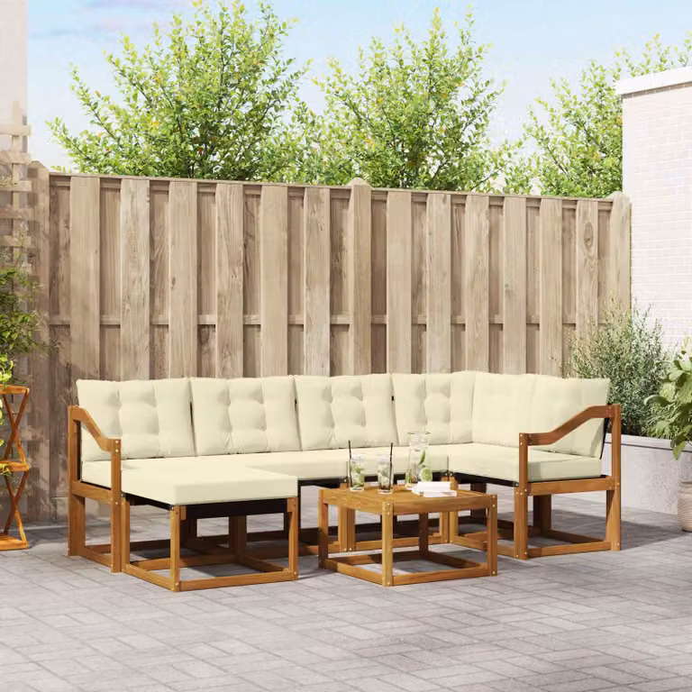 Set di divani da esterno vidaXL 7 pz in legno di acacia con cuscini beige e bianco per giardino e terrazza