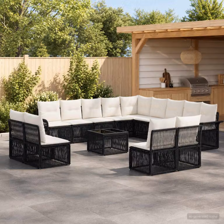 Set Divano da Giardino vidaXL 14 Pezzi a Forma di U con Tavolino da Caffè e Cuscini Imbottiti Nero