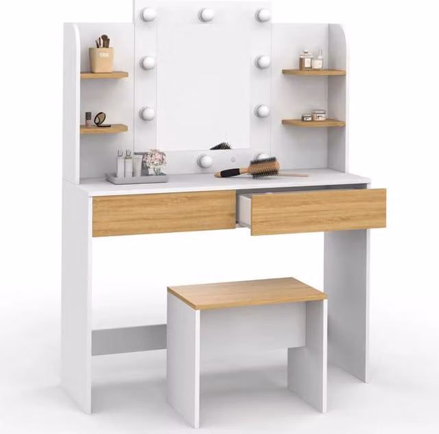 Tocagare ZELIA IDMarket bianco e faggio con 4 ripiani, specchio LED e sgabello