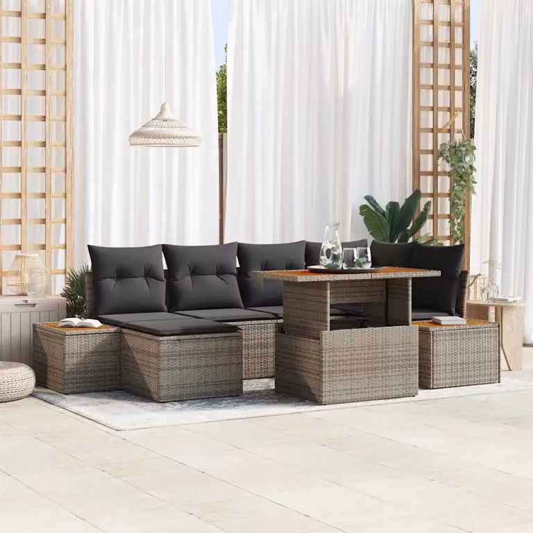 Set Divano da Giardino vidaXL 7 Pezzi a Forma di L Grigio con Tavolino e Cuscini in Rattan e Acciaio