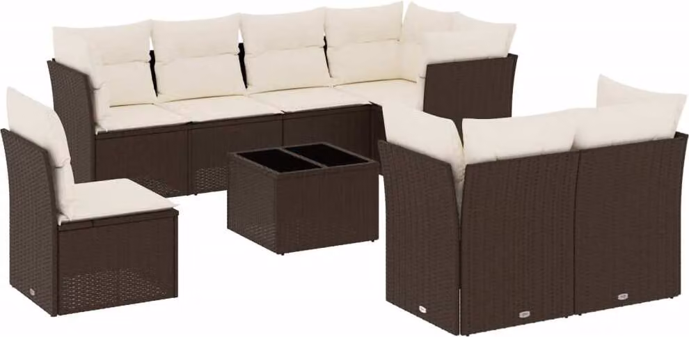 Set Divani da Giardino 9pz con Cuscini Marrone in Polyrattan