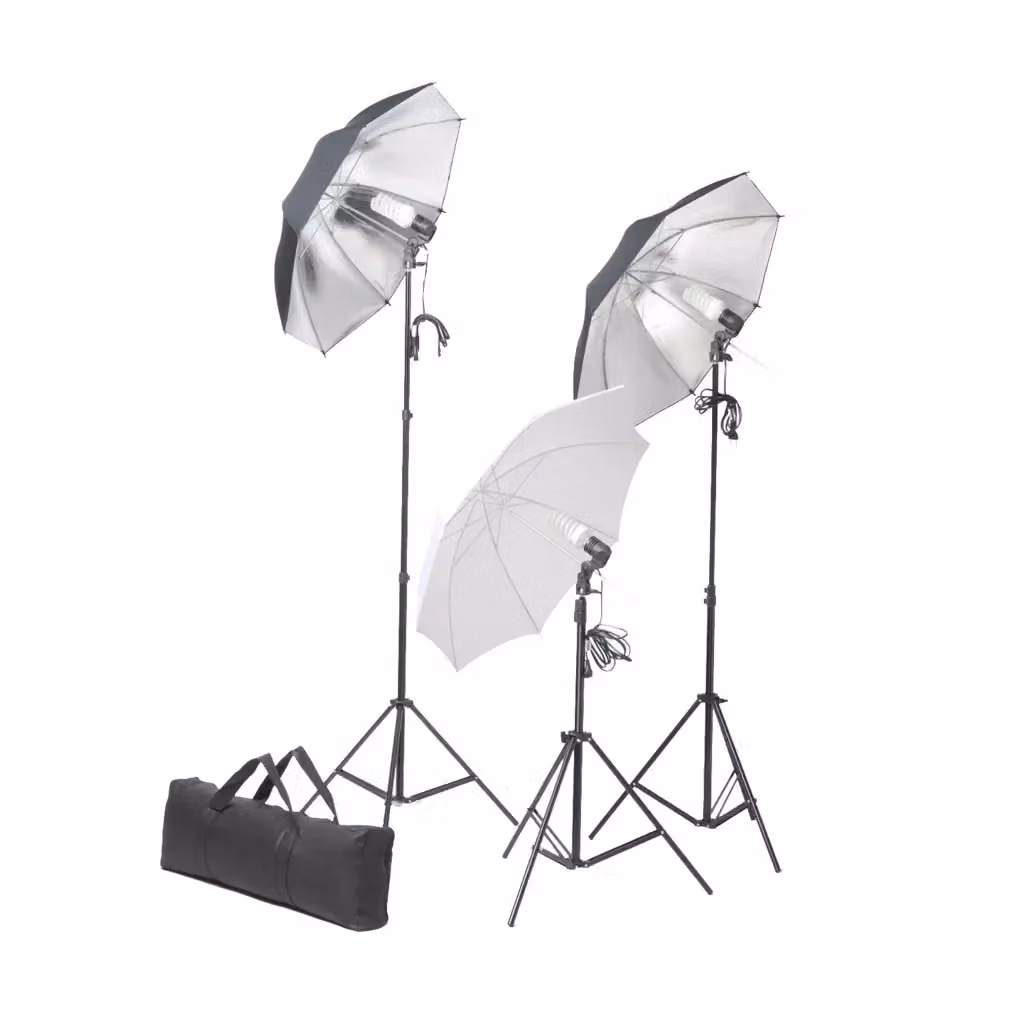 Kit per Studio Fotografico Professionale vidaXL con Tre Treppiedi Regolabili e Fondali in Tessuto Bianco e Argento – 2