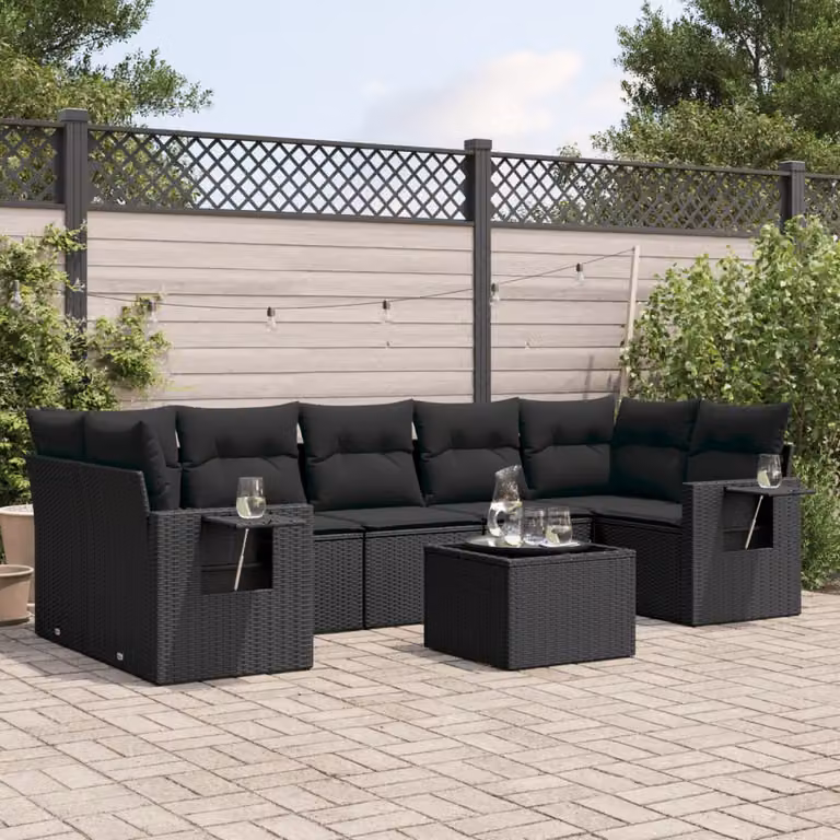 Set di divani da giardino vidaXL a forma di L in polyrattan nero con 8 pezzi e cuscini inclusi