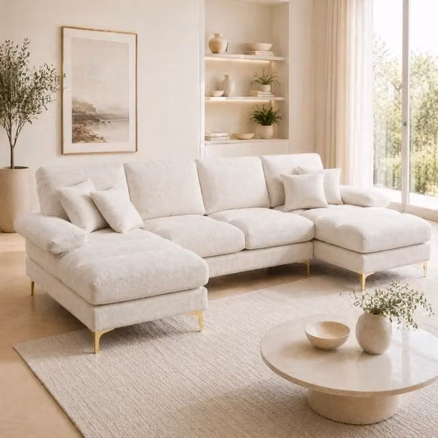 Divano angolare a U 272x136 cm in ciniglia beige con doppie zone relax HOMVRA