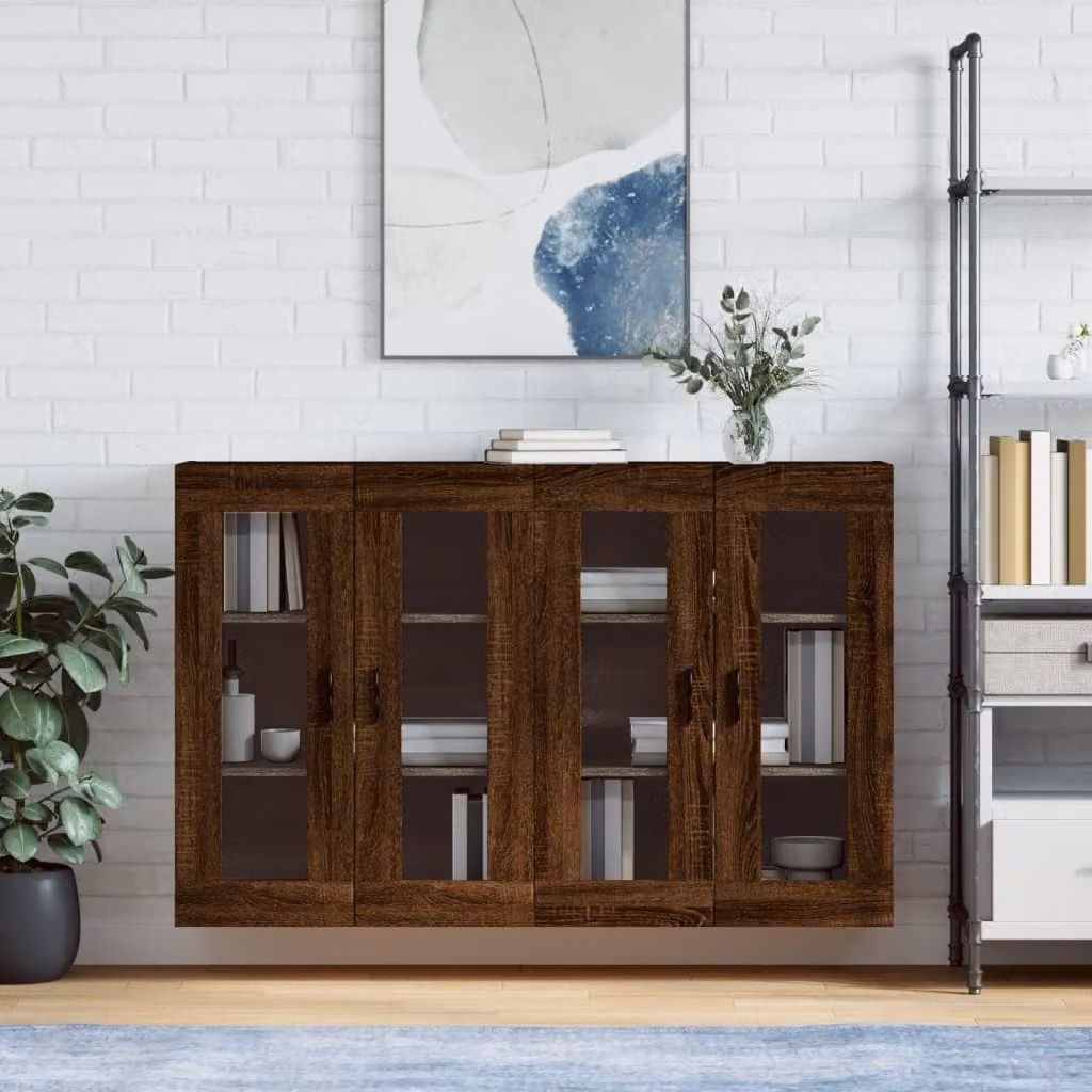 Set di 2 armadietti a parete vidaXL in legno rovere marrone con ante in vetro e ripiani interni