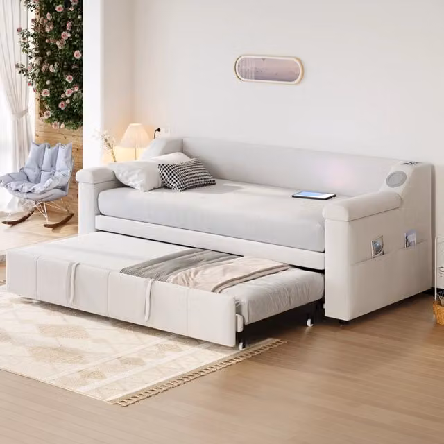 letto divano imbottito velluto beige 90 x 190 cm