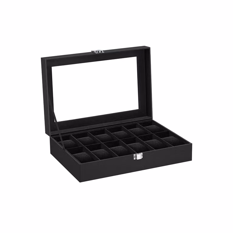 Scatola Porta Orologi con Coperchio in Vetro, Superficie in PU Nera + Interno Nero