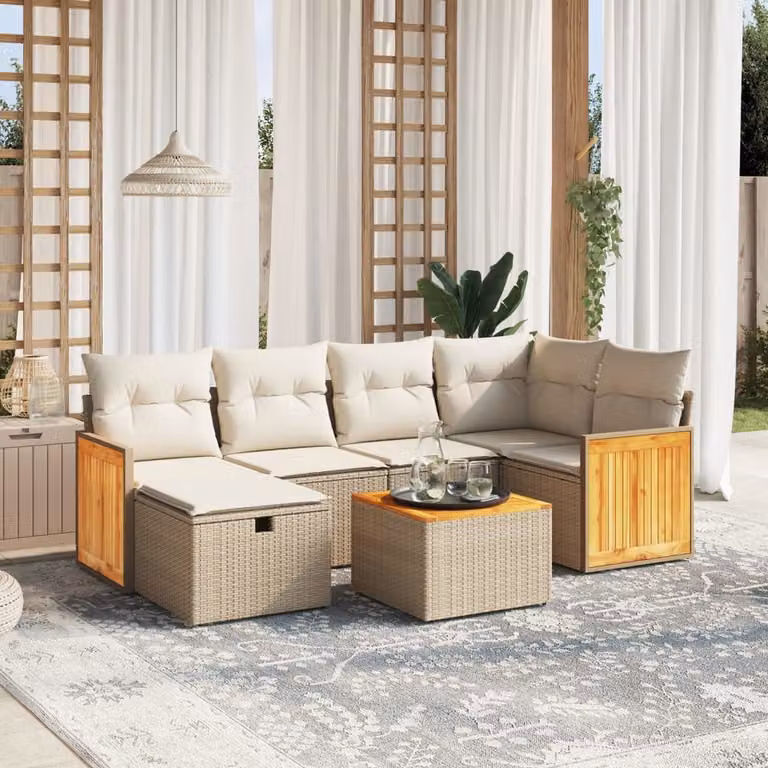 vidaXL Set Divani da Giardino 7 pz a Forma a L con Cuscini Beige e Tavolino, Struttura in Metallo e Polyrattan per Terrazza e Giardino