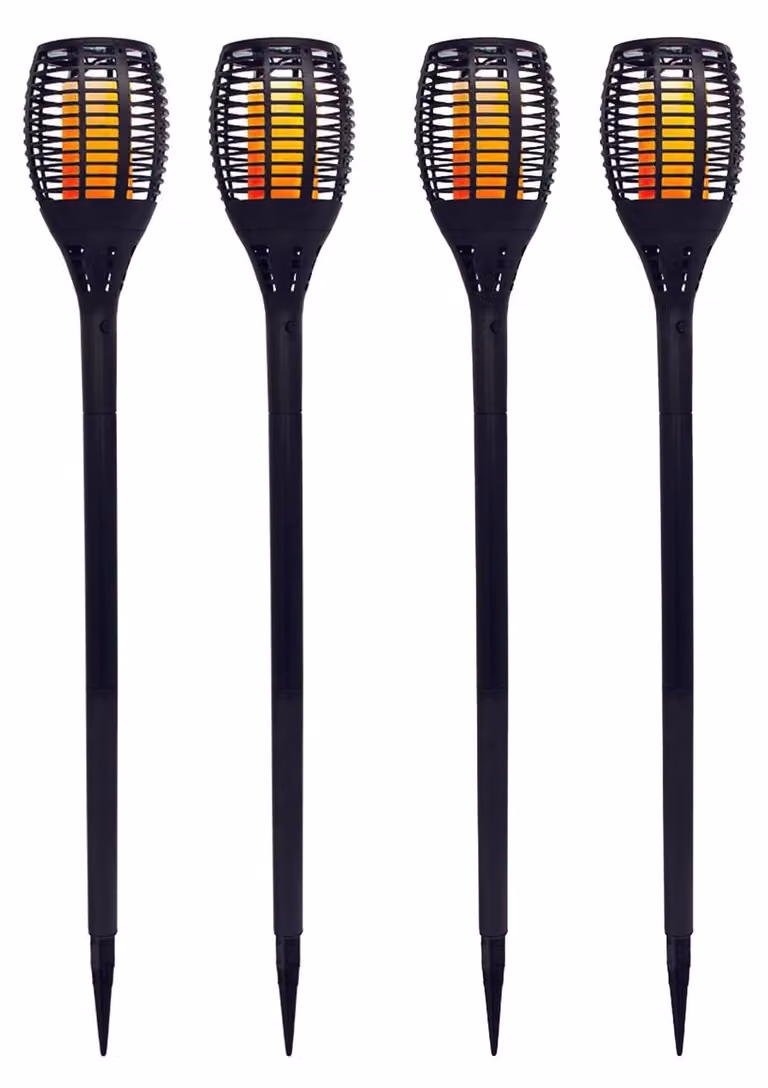 Set di 4 mini-torce solari, con tecnologia LED, effetto fiamma, luce bianco caldo, altezza 70 cm