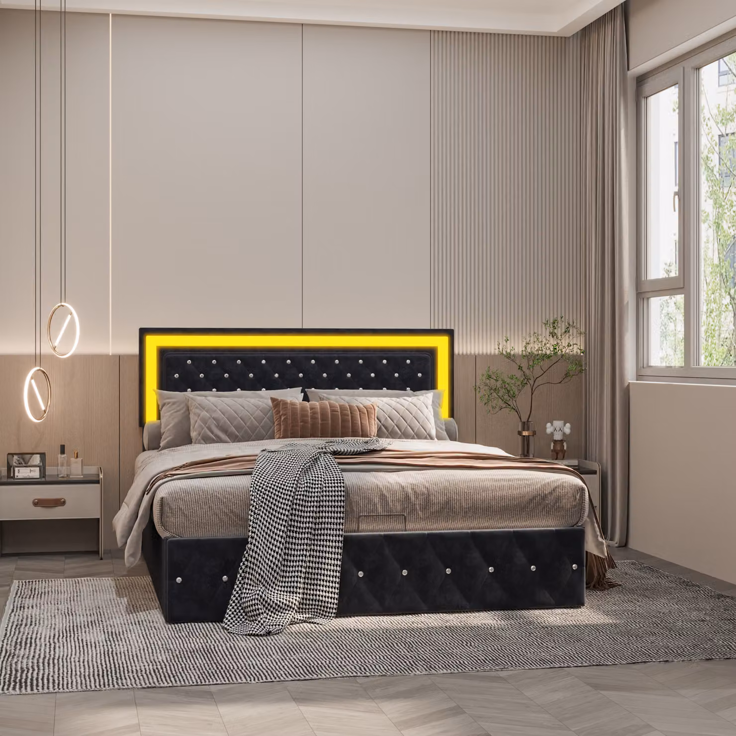 Letto matrimoniale in velluto, 160x200 cm, con spazio contenitore, dotato di luci LED e rete a doghe. Colore: nero