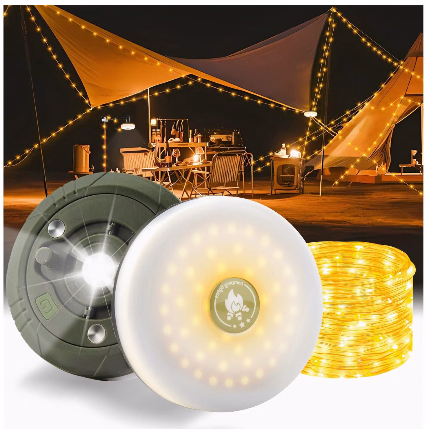 Catena luminosa a LED per campeggio, 20 metri, 5 modalità, ricaricabile, impermeabile