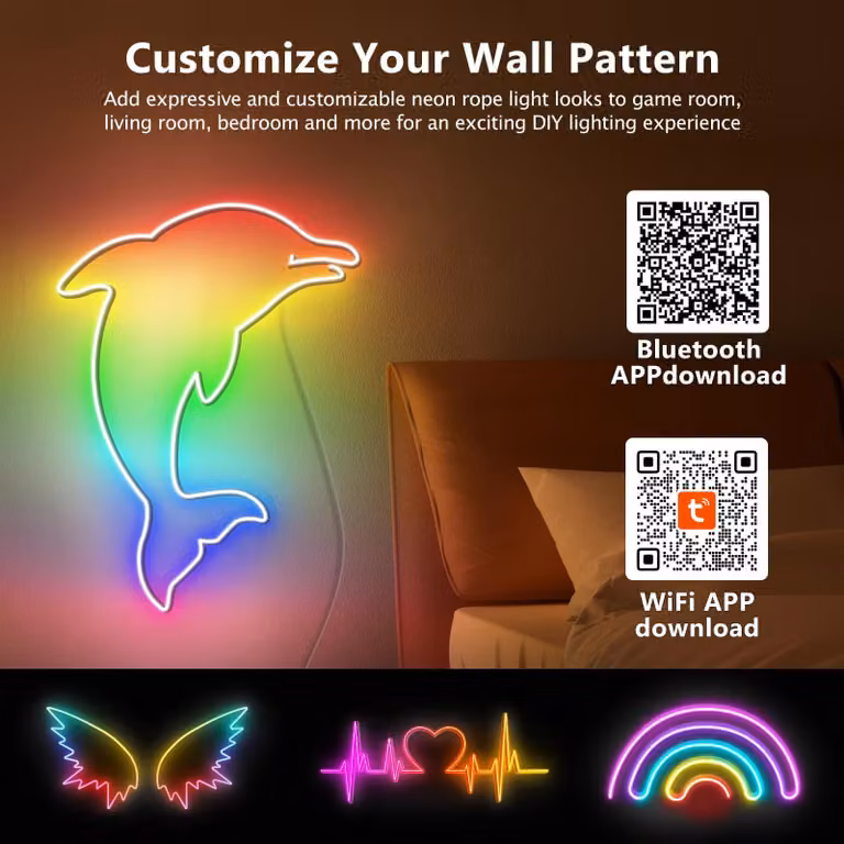 Striscia LED RGB effetto neon - Striscia LED flessibile - 5 metri - 24 V - Bluetooth - Controllo tramite app e telecomando - Impermeabile