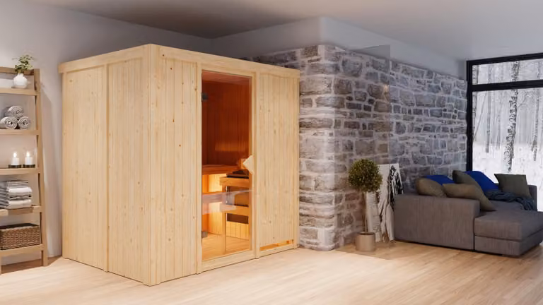 Sauna Bodin: con cornice luminosa sul soffitto: stufa finlandese da 9 kW + centralina Easy Finn. Sauna: * Porta: interamente in vetro bronzato. * Cornice luminosa sul soffitto. * Stufa: stufa finlandese da 9 kW + centralina Easy Finn. * Porta: interamente