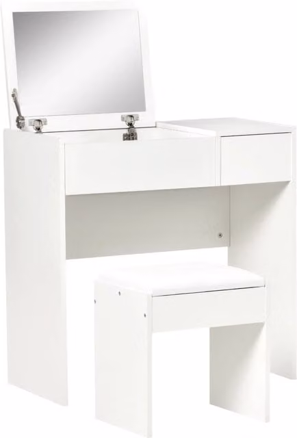 EasyComfort Postazione Trucco Moderna con Specchio Richiudibile, Sgabello e Vano Contenitore a 4 Scomparti, MDF Bianco, L 80 cm x P 40 cm x H 79 cm