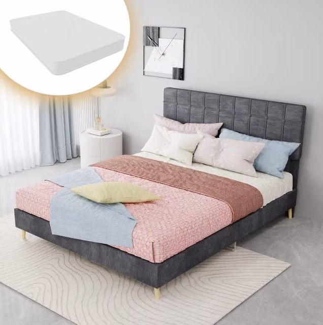 Letto matrimoniale ULEVR 140x200 cm in tessuto grigio scuro con testiera imbottita a quadri