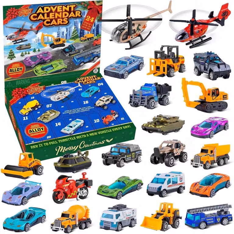 Calendario dell'Avvento con 24 modellini di auto in metallo. Calendario dell'Avvento con auto in lega