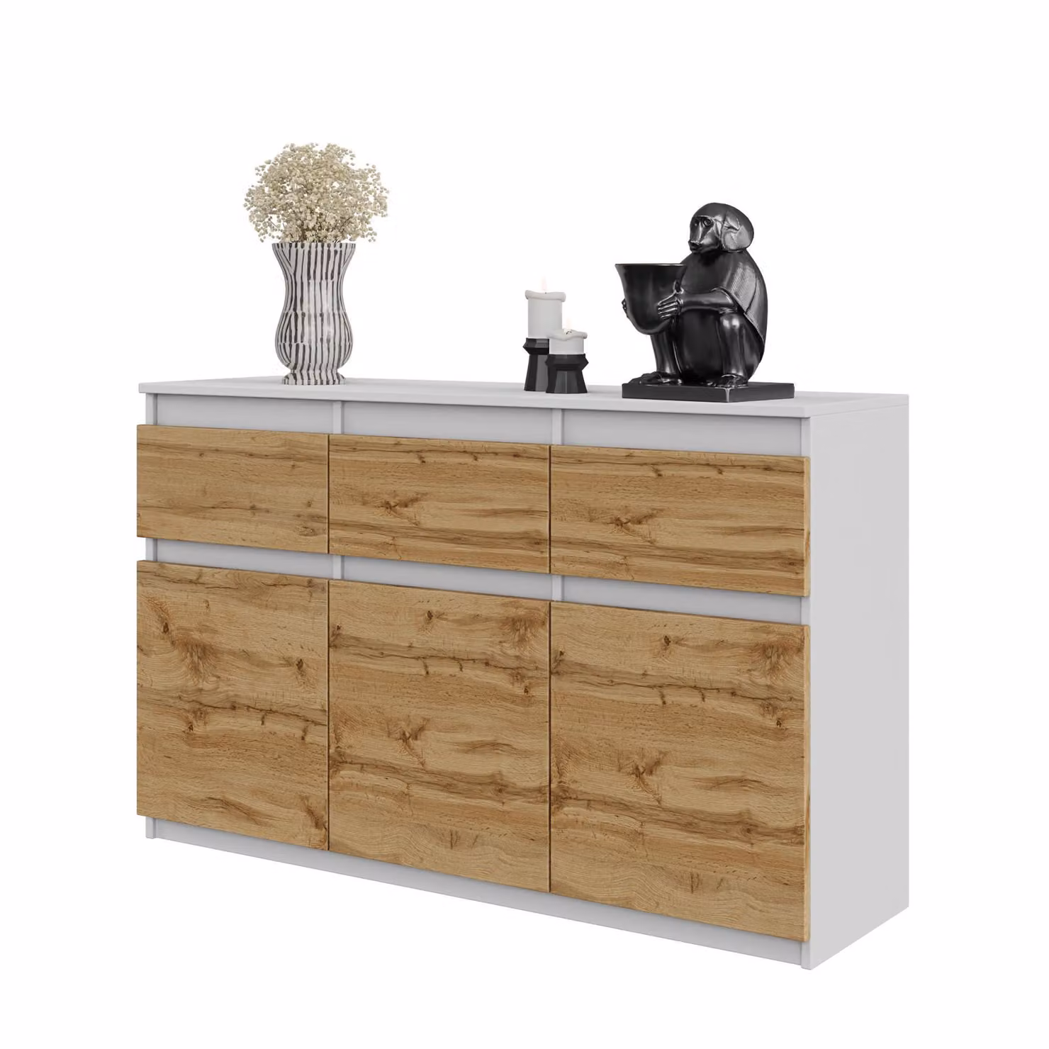 NOAH – Comò / Credenza con 3 cassetti e 3 ante – Bianco opaco / Rovere Wotan – Altezza 75 cm, Larghezza 120 cm, Profondità 35 cm