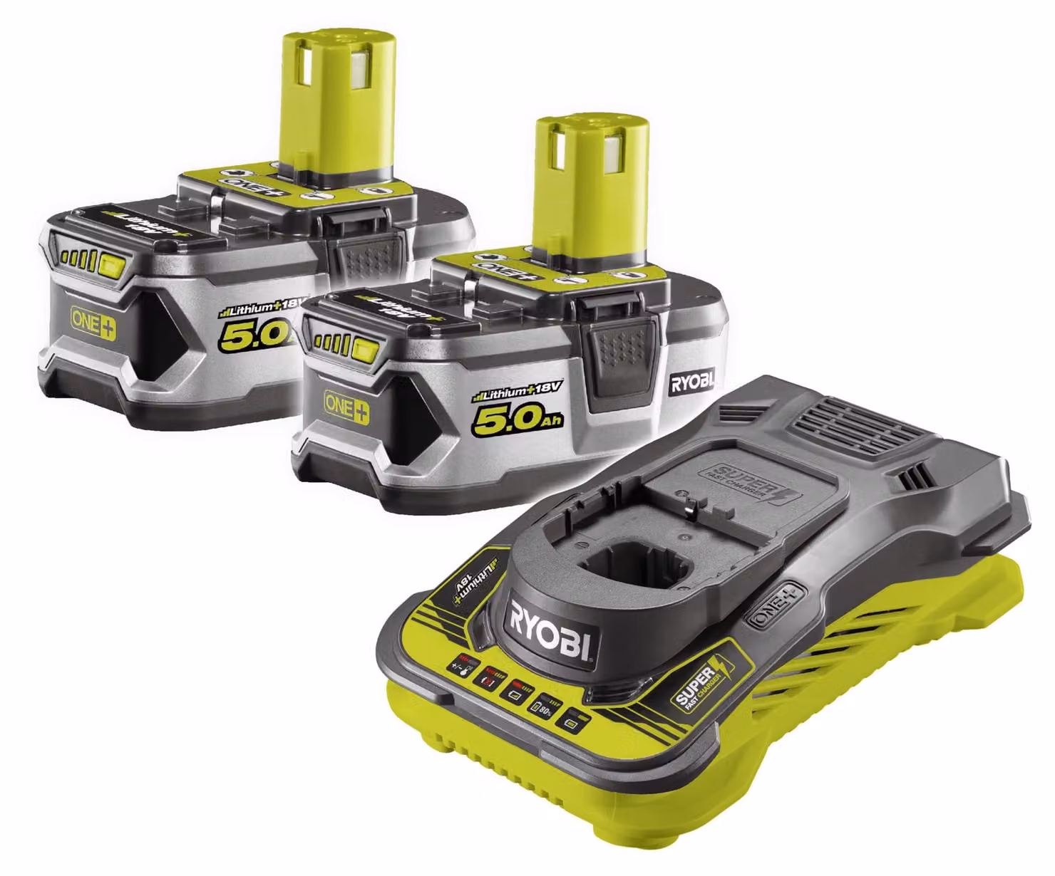 RYOBI - 2 x 18V ONE+ 5.0 Ah Lithium+ Batteries and 1 x 5.0 A Ultra Fast Charger - RC18150-250