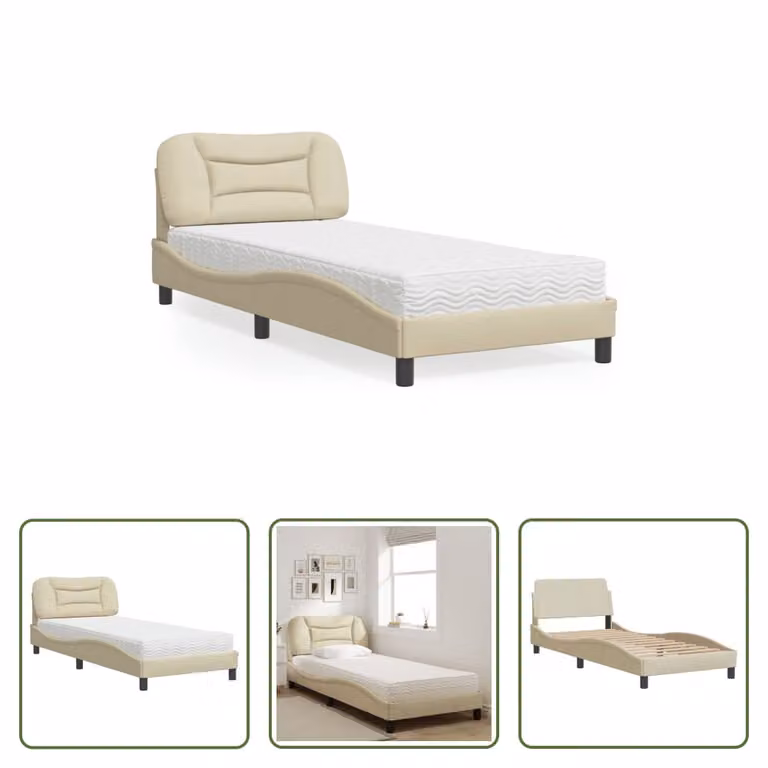 The Living Store Letto con materasso panna 90x200 cm in tessuto