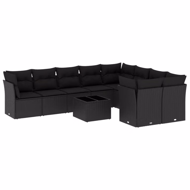 Set Divani da Giardino 10pz con Cuscini in Polyrattan Nero