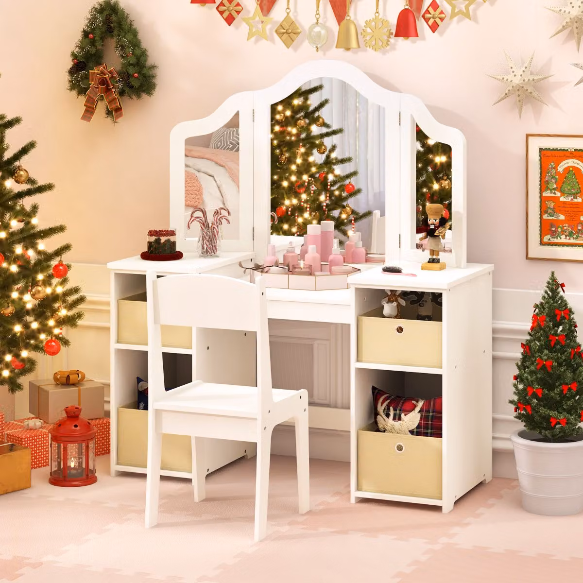 Set da gioco principessa Costway con toeletta da trucco, sgabello e 3 specchi rimovibili, colore bianco