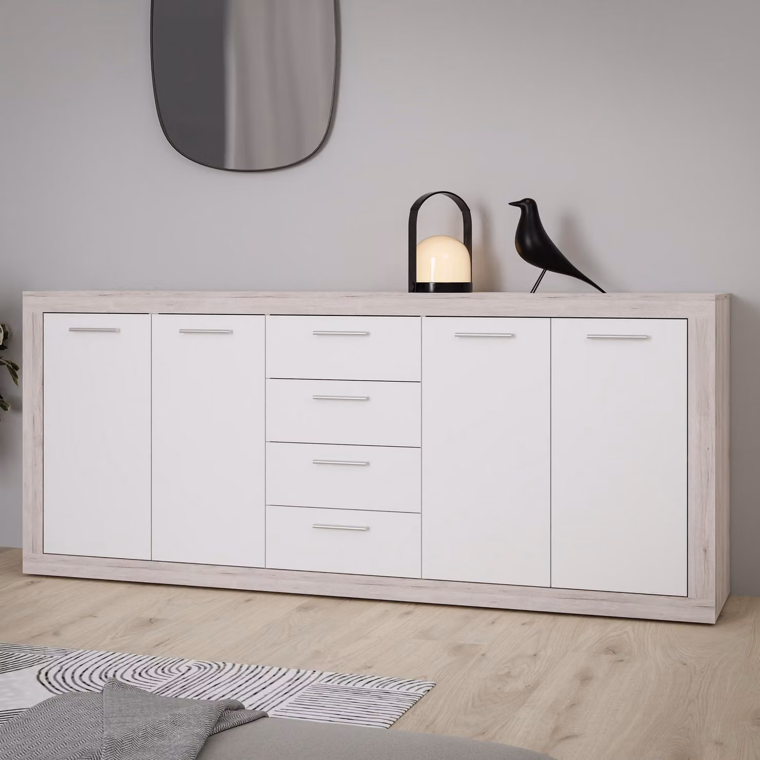 Credenza - BACCIO - Rovere / Bianco opaco - 4 ante - 4 cassetti - 197,1 x 41 x 91,9 cm
